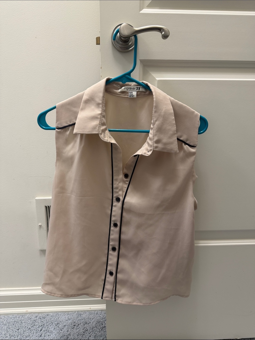 Forever 21 Beige Sleeveless Button-Down Top with Black Trim